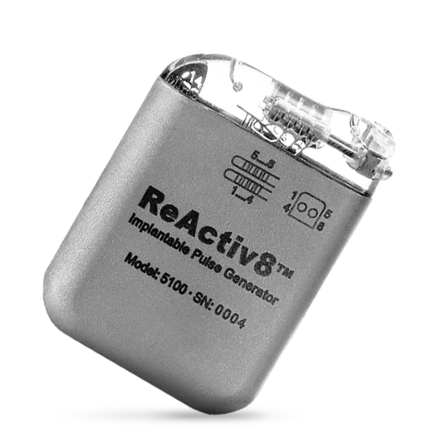 ReActiv8 implantable pulse generator with visible leads, designed to stimulate multifidus muscle for chronic low back pain treatment. Image from Mainstay Medical.